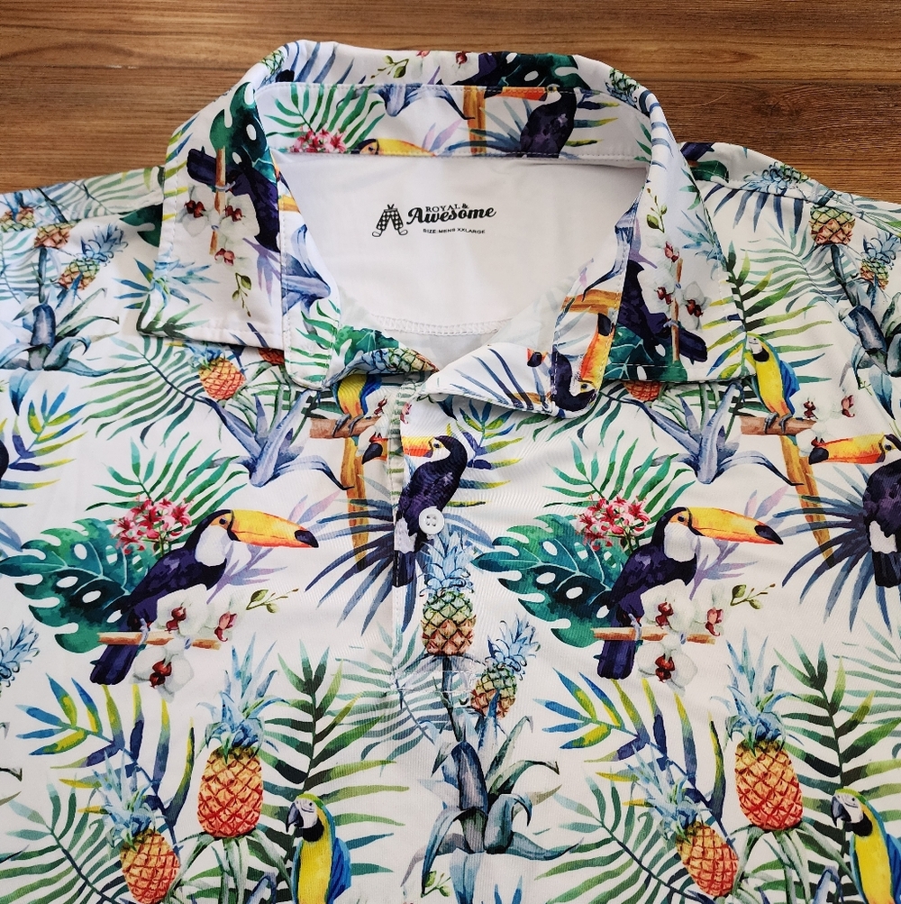 Royal & Awesome Golf Polo Men's XXL Multi-color Tropical Tucan Hawaiian